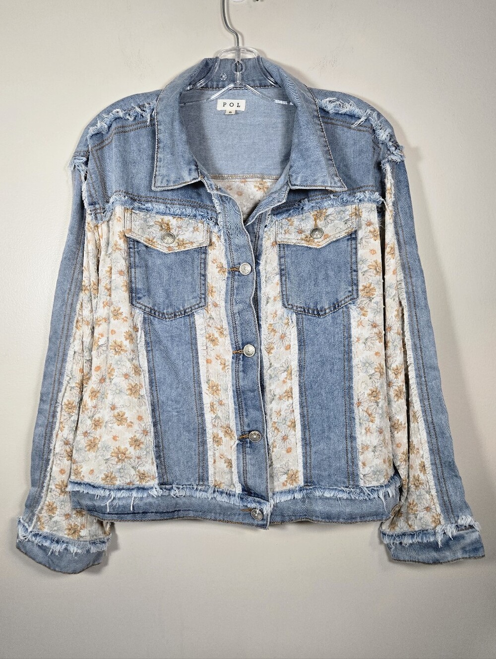 POL Light Blue Cotton Denim Jacket with Cream Floral Insets, Size S ~ EUC
